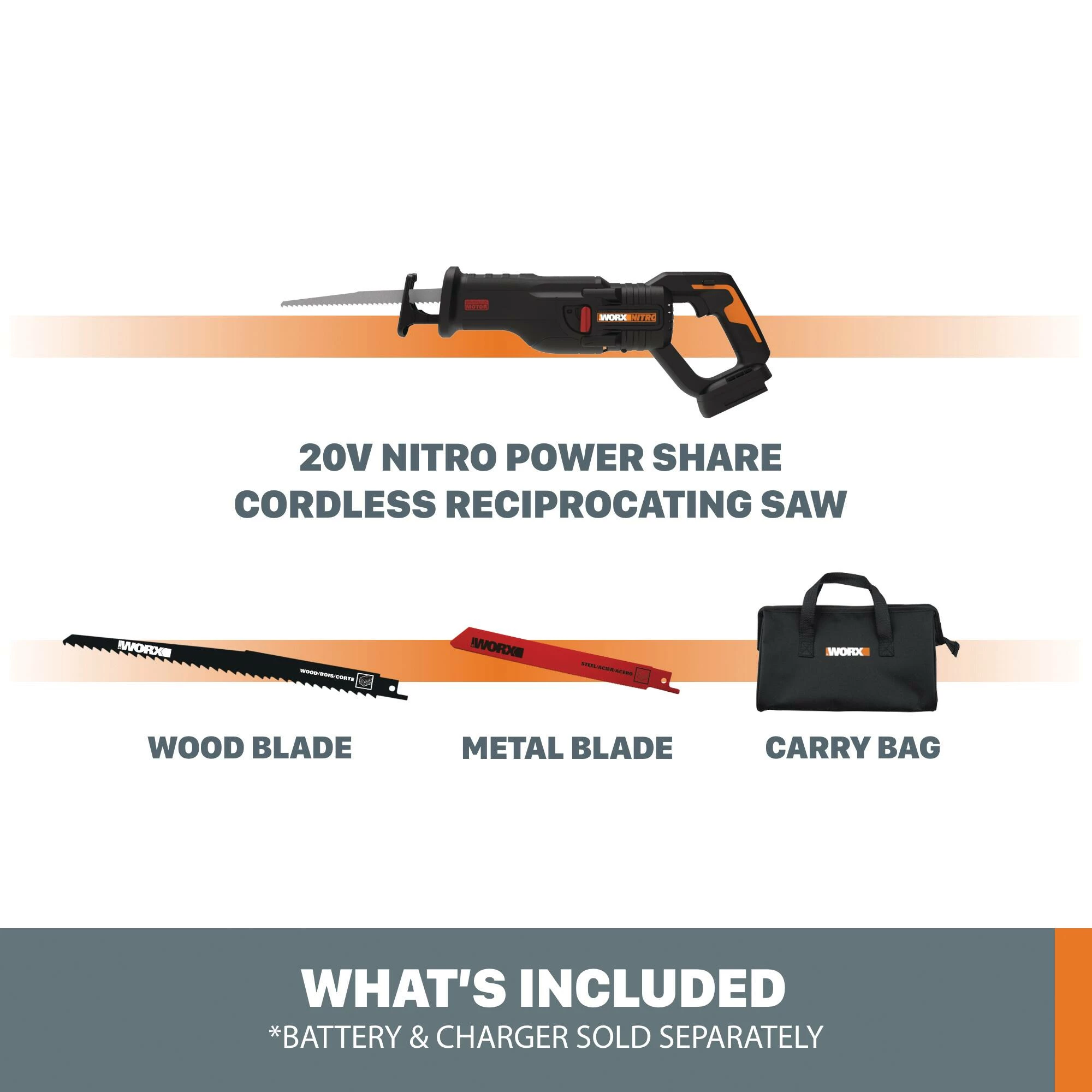 WORX NITRO 20V Brushless Reciprocating Saw (Tool Only) 2 WORX NITRO 20V Brushless Reciprocating Saw (Tool Only) - Image 2
