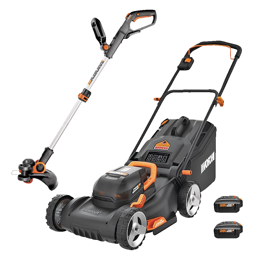 WORX 3-in-1 2x20V 4Ah Battery, Cordless Push Lawn Mower + Grass Trimmer, 17-in, 12-in 1 WORX 3-in-1 2x20V 4Ah Battery, Cordless Push Lawn Mower + Grass Trimmer, 17-in, 12-in